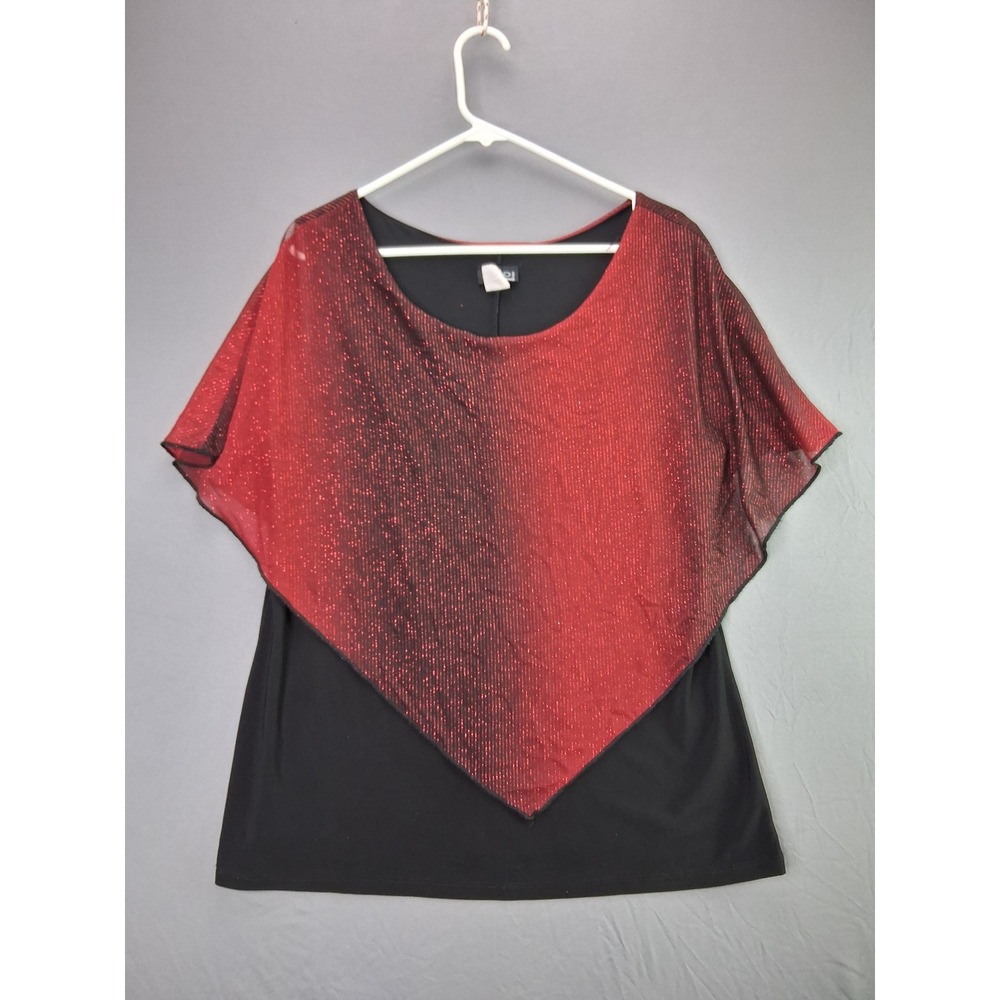 LolloL USA Blouse Poncho Overlay 3XL Red Black Metallic Sparkle Glitter Top